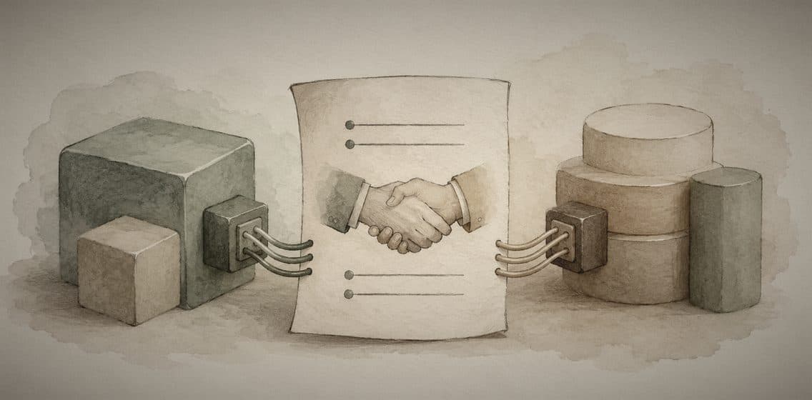 Inline editorial illustration of two paper envelopes sliding through a narrow slot in a partition wall, one going each direction — a request and a response passing through a fixed, agreed-upon opening.