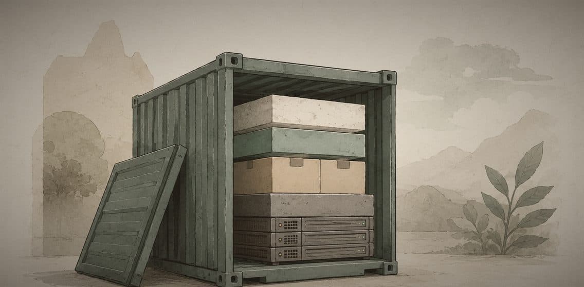 Inline editorial illustration evoking Docker: a way to package an app with everything it needs.
