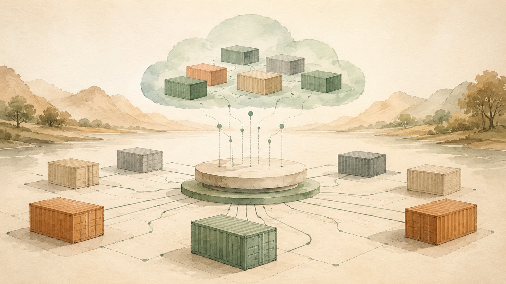 Inline editorial illustration evoking Kubernetes: an orchestrator that runs containers in a fleet.