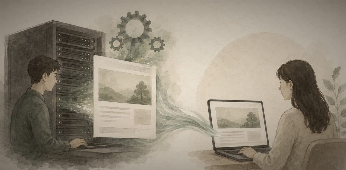 Inline editorial illustration evoking Server-side Rendering: rendering the first paint on the server.