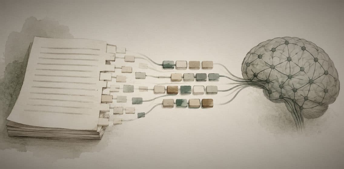 Inline editorial illustration evoking Tokenization: slicing text into the units a model actually reads.