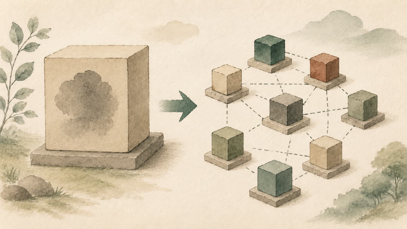 Editorial illustration representing Cloud Computing: Renting compute, storage, and services on demand.