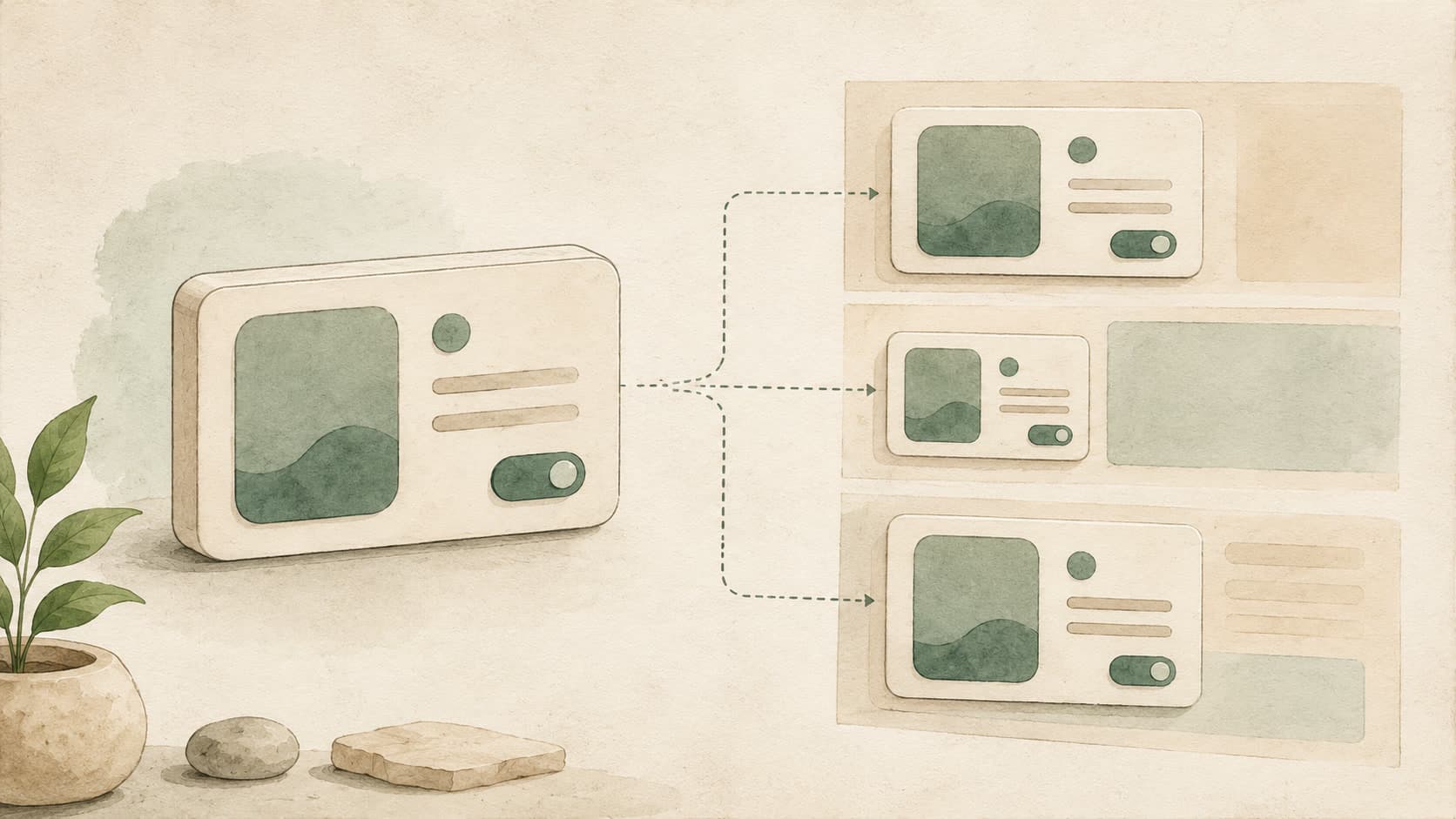 Editorial illustration representing Component: A reusable piece of interface, with its own state.