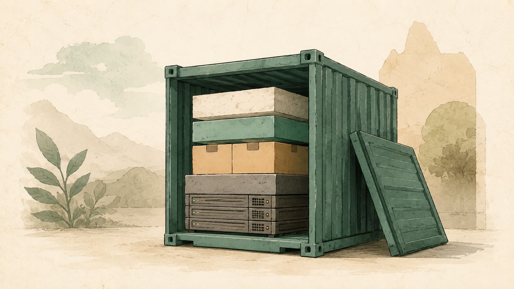Editorial illustration representing Docker: A way to package an app with everything it needs.