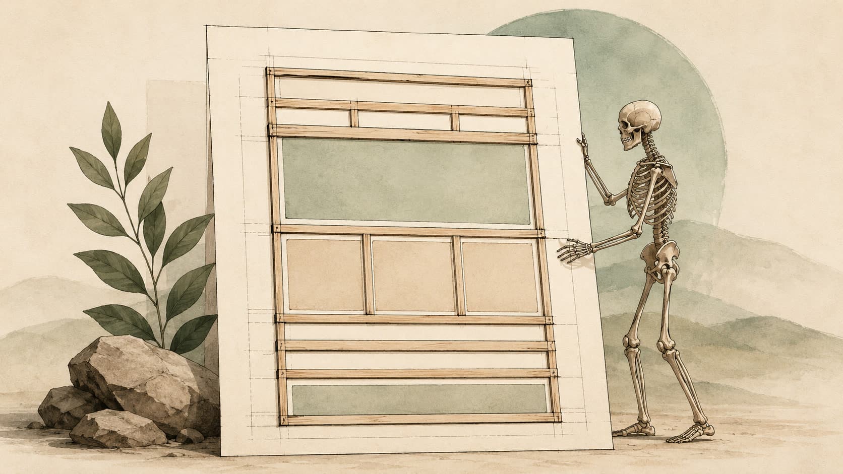 Editorial illustration representing HTML: The semantic skeleton of every web page.