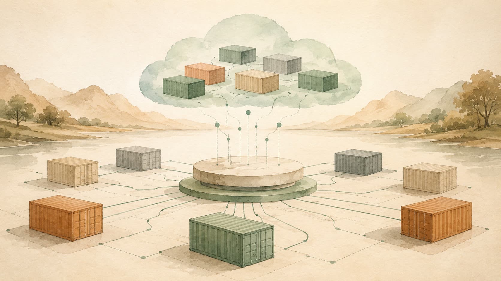 Editorial illustration representing Kubernetes: An orchestrator that runs containers in a fleet.