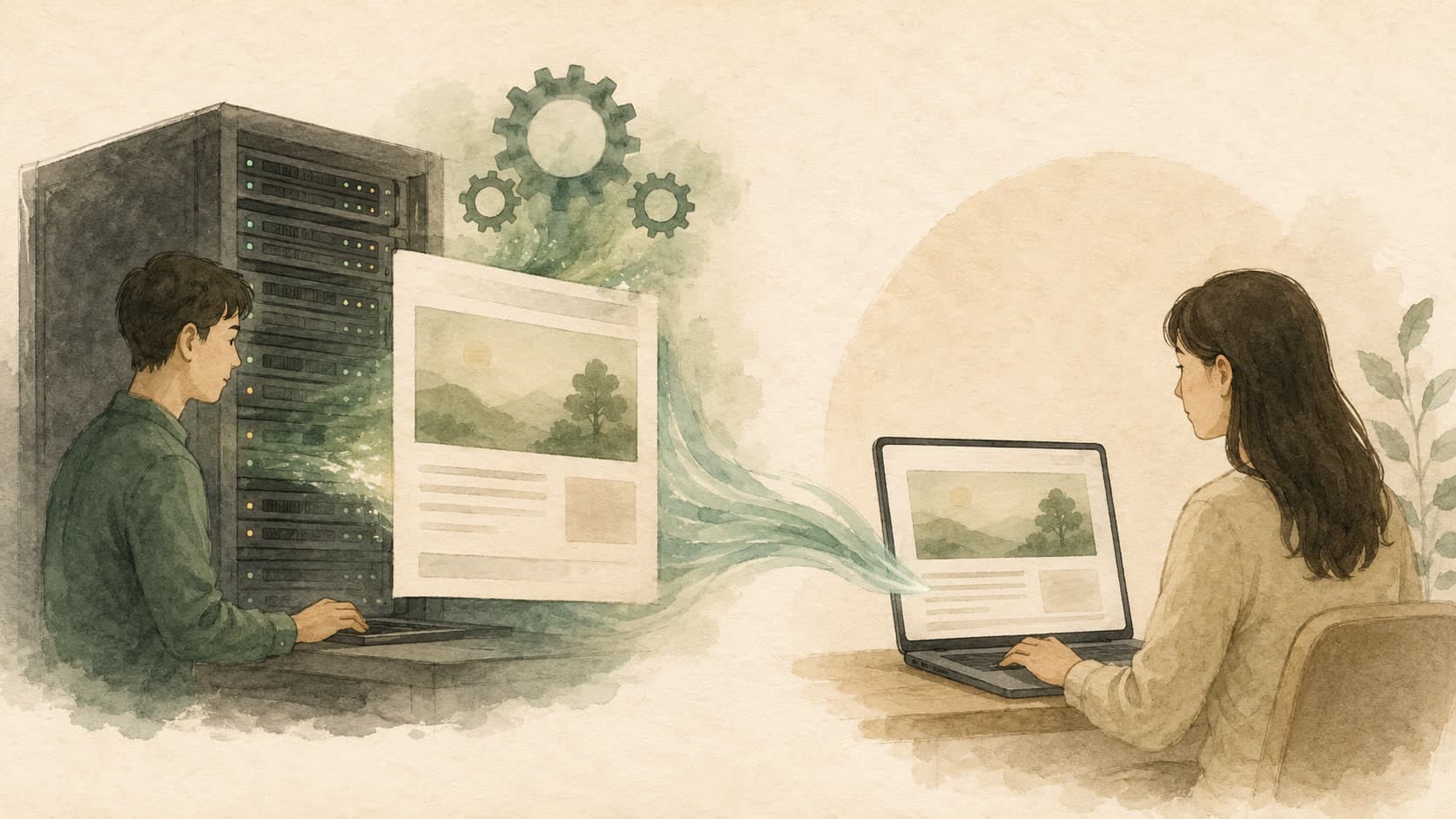 Editorial illustration representing Server-side Rendering: Rendering the first paint on the server.