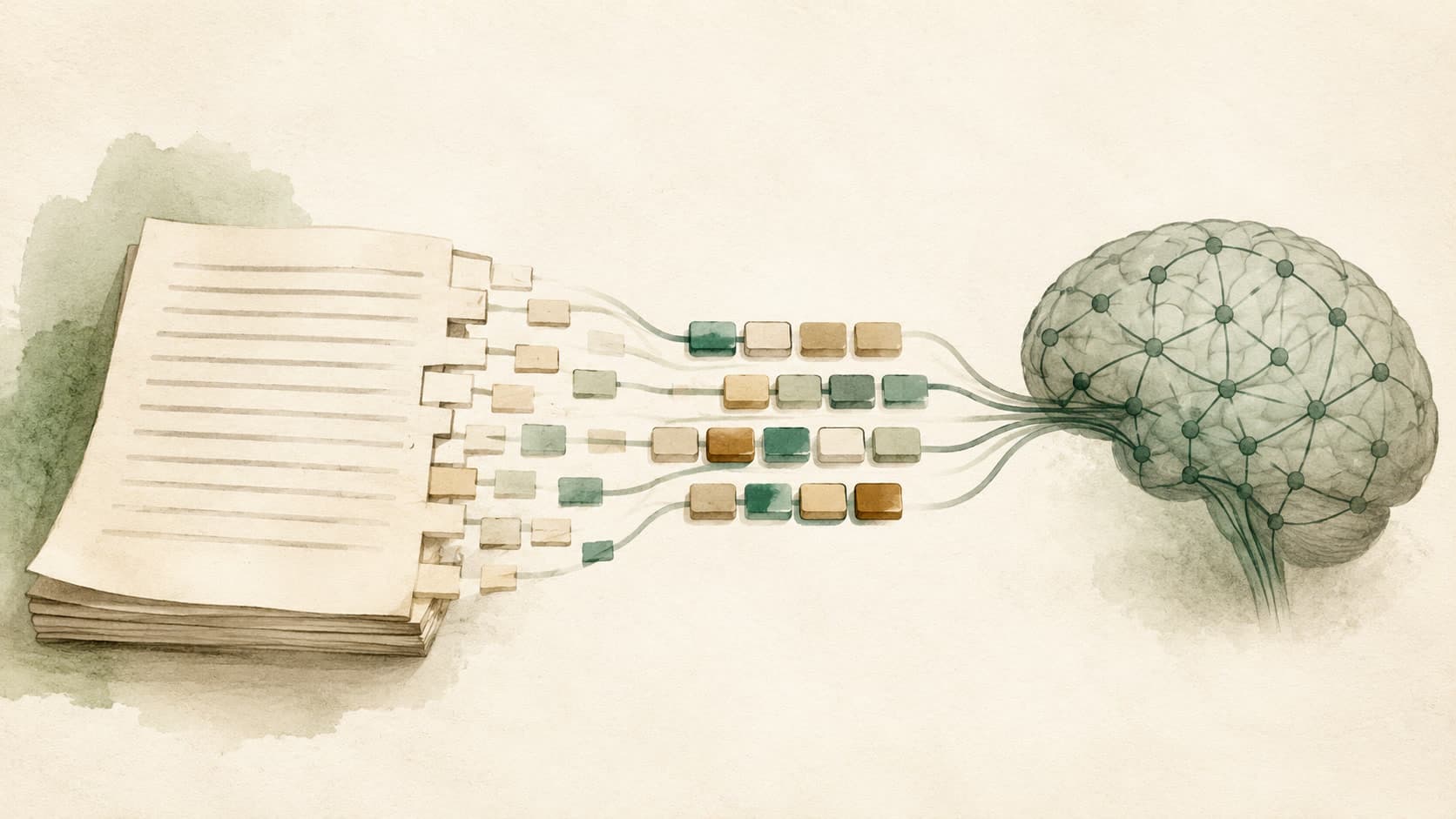Editorial illustration representing Tokenization: Slicing text into the units a model actually reads.