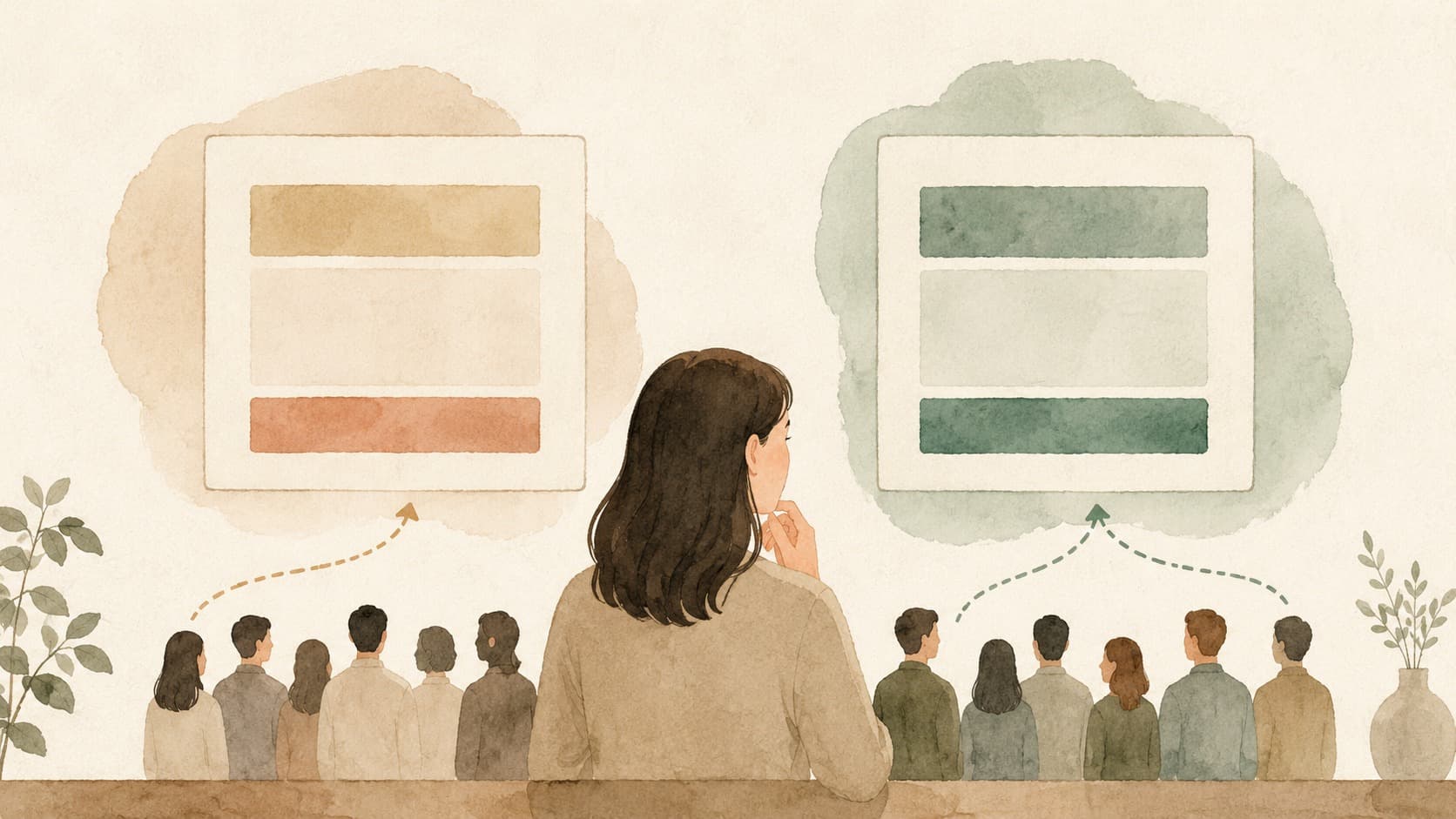Inline editorial illustration evoking A/B Testing: showing two versions to see which performs.