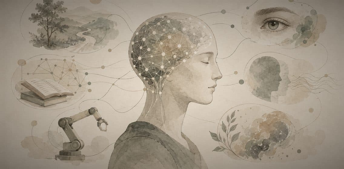 Inline editorial illustration of many small overlapping examples — sketches, snippets, fragments — drifting upward and condensing into a single faint silhouette, suggesting many examples becoming one learned behaviour.