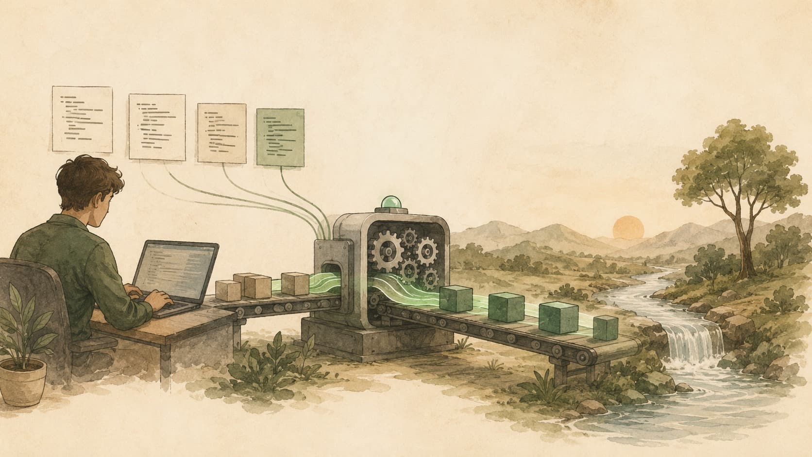 Inline editorial illustration evoking CI/CD: continuous integration and continuous delivery.