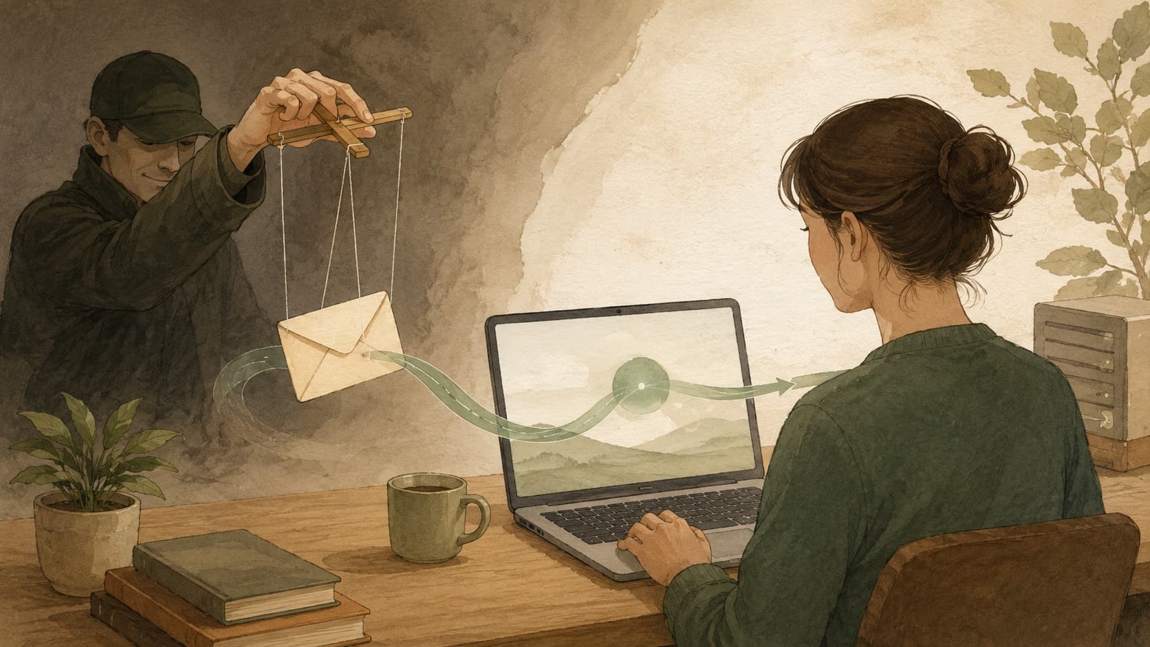 Inline editorial illustration evoking CSRF: tricking a logged-in user's browser into acting.