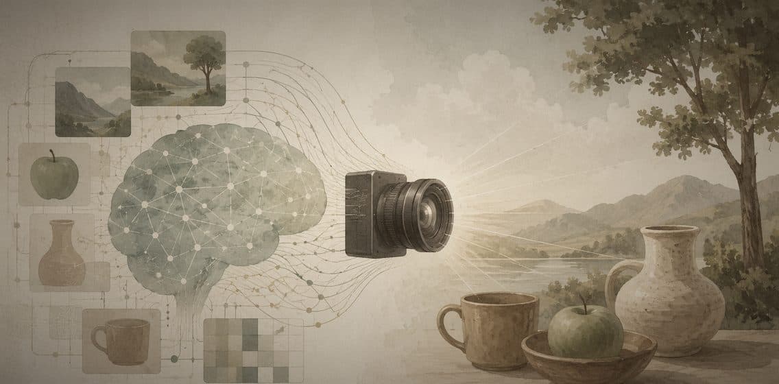 Inline editorial illustration evoking Computer Vision: teaching machines to see, name, and measure.