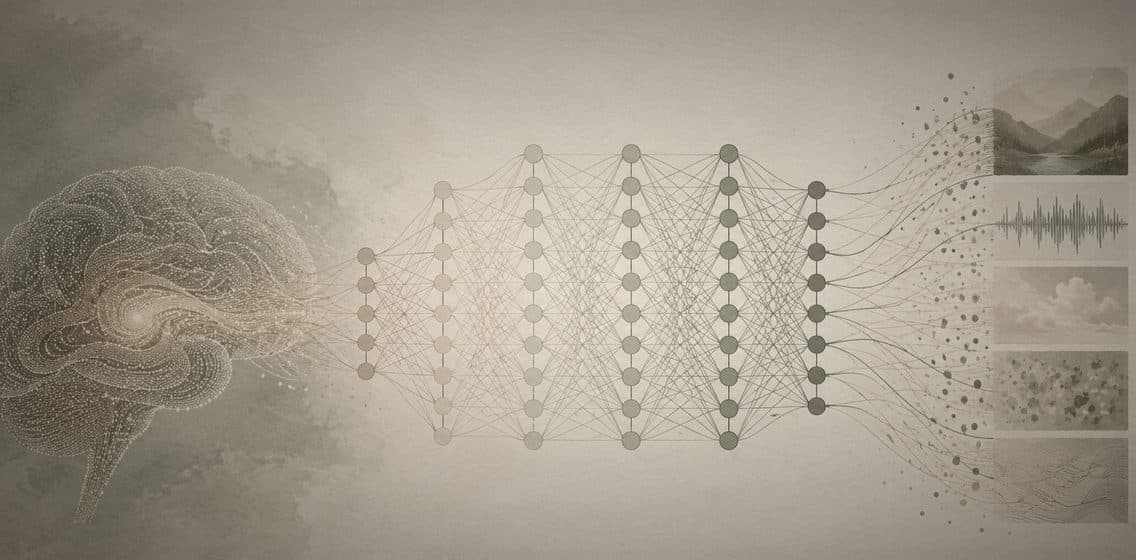 Inline editorial illustration evoking Deep Learning: machine learning with deep, layered neural networks.