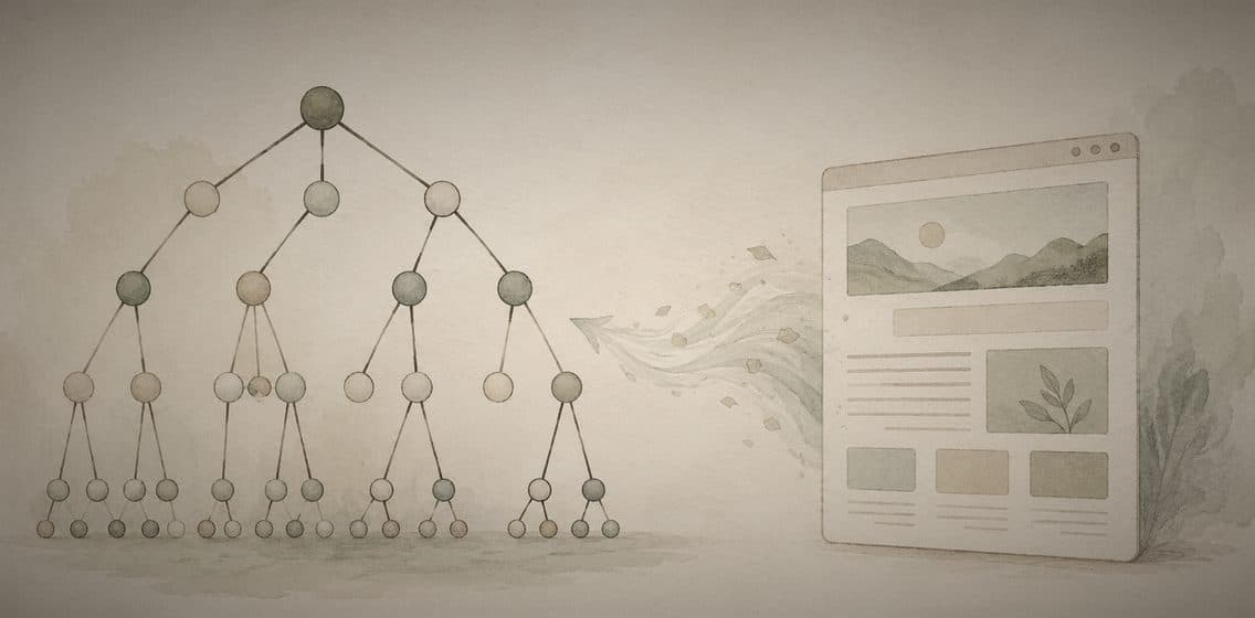 Inline editorial illustration evoking DOM: the live, in-memory tree of a web page.