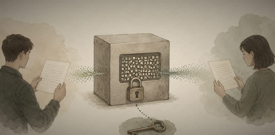Inline editorial illustration evoking Encryption: making a message unreadable to anyone without the key.