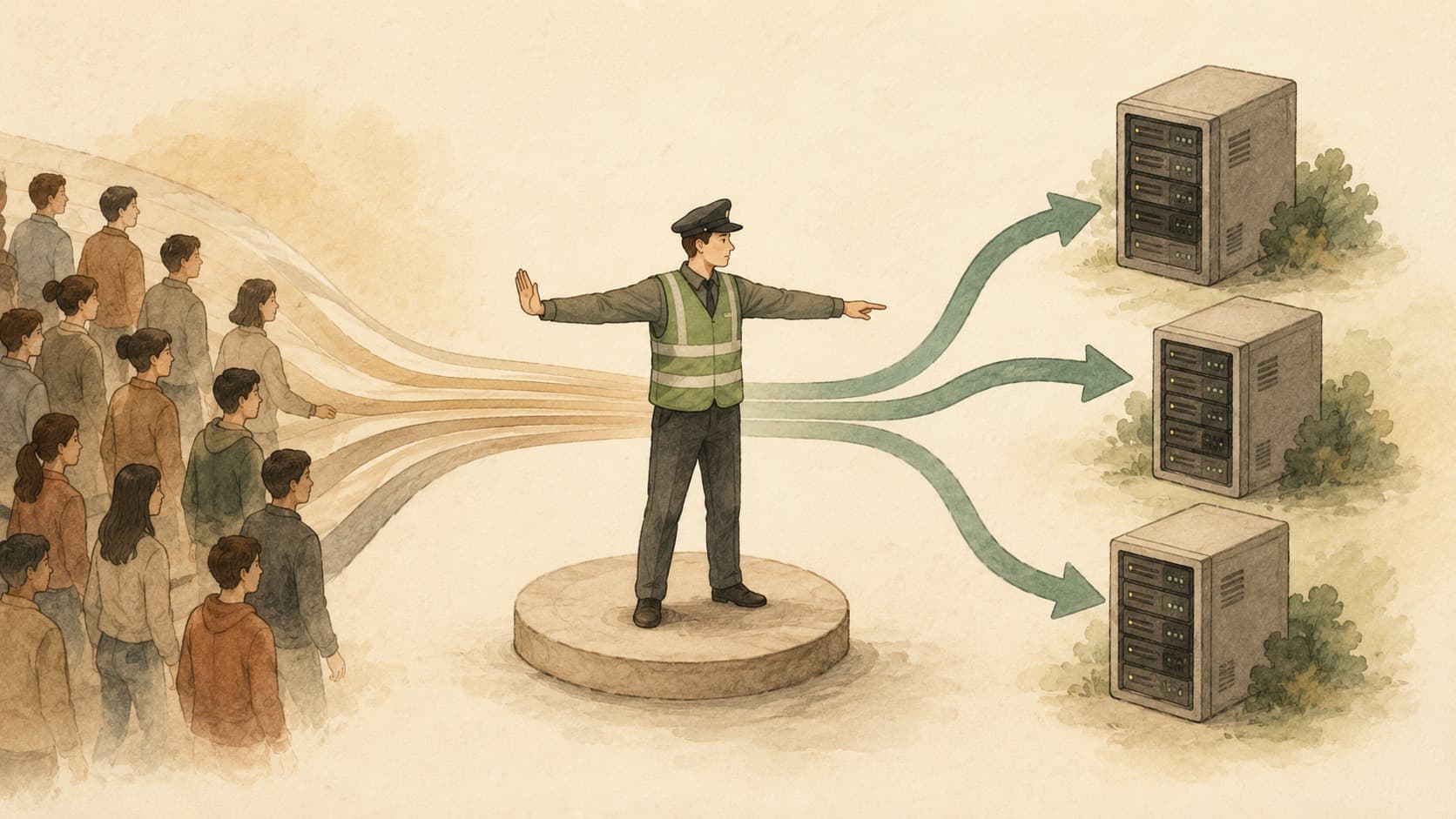 Inline editorial illustration evoking Load Balancer: a traffic cop that spreads requests across servers.