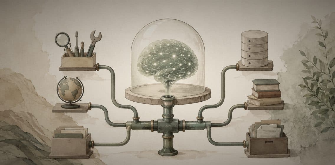 Inline editorial illustration evoking MCP: model context protocol — open plumbing for tools and data.