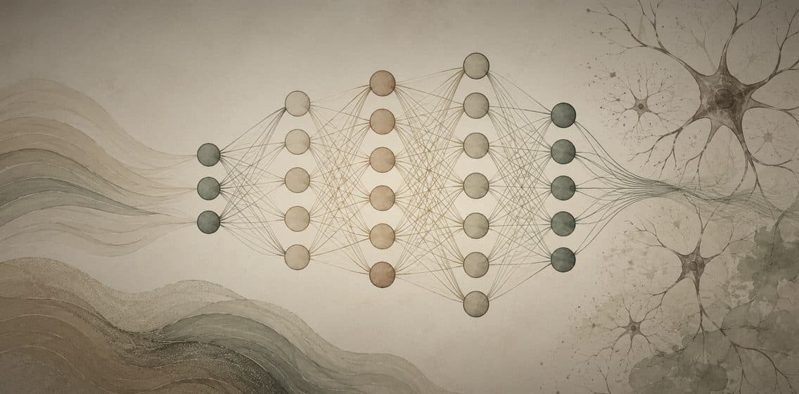 Inline editorial illustration evoking Neural Network: layered weights, loosely modeled on neurons.