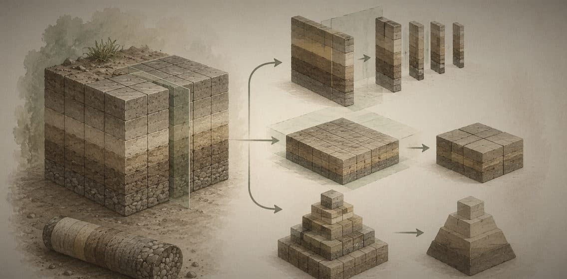 Inline editorial illustration evoking OLAP: analytic queries: aggregate, slice, and roll up.