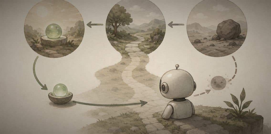 Inline editorial illustration evoking Reinforcement Learning: learning by reward, action, and consequence.