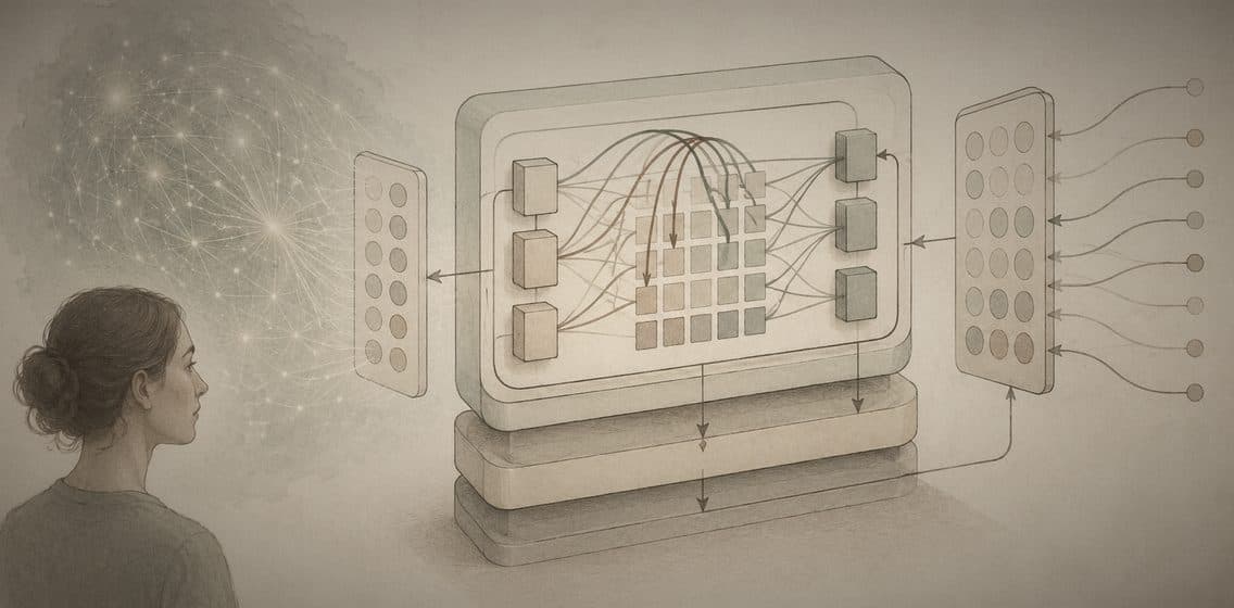 Inline editorial illustration evoking Transformer: the attention-based architecture behind modern llms.