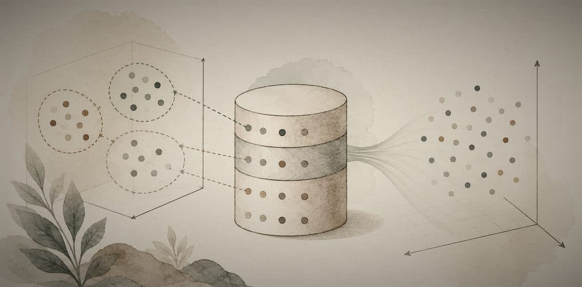 Inline editorial illustration evoking Vector Database: a database indexed by geometric similarity.