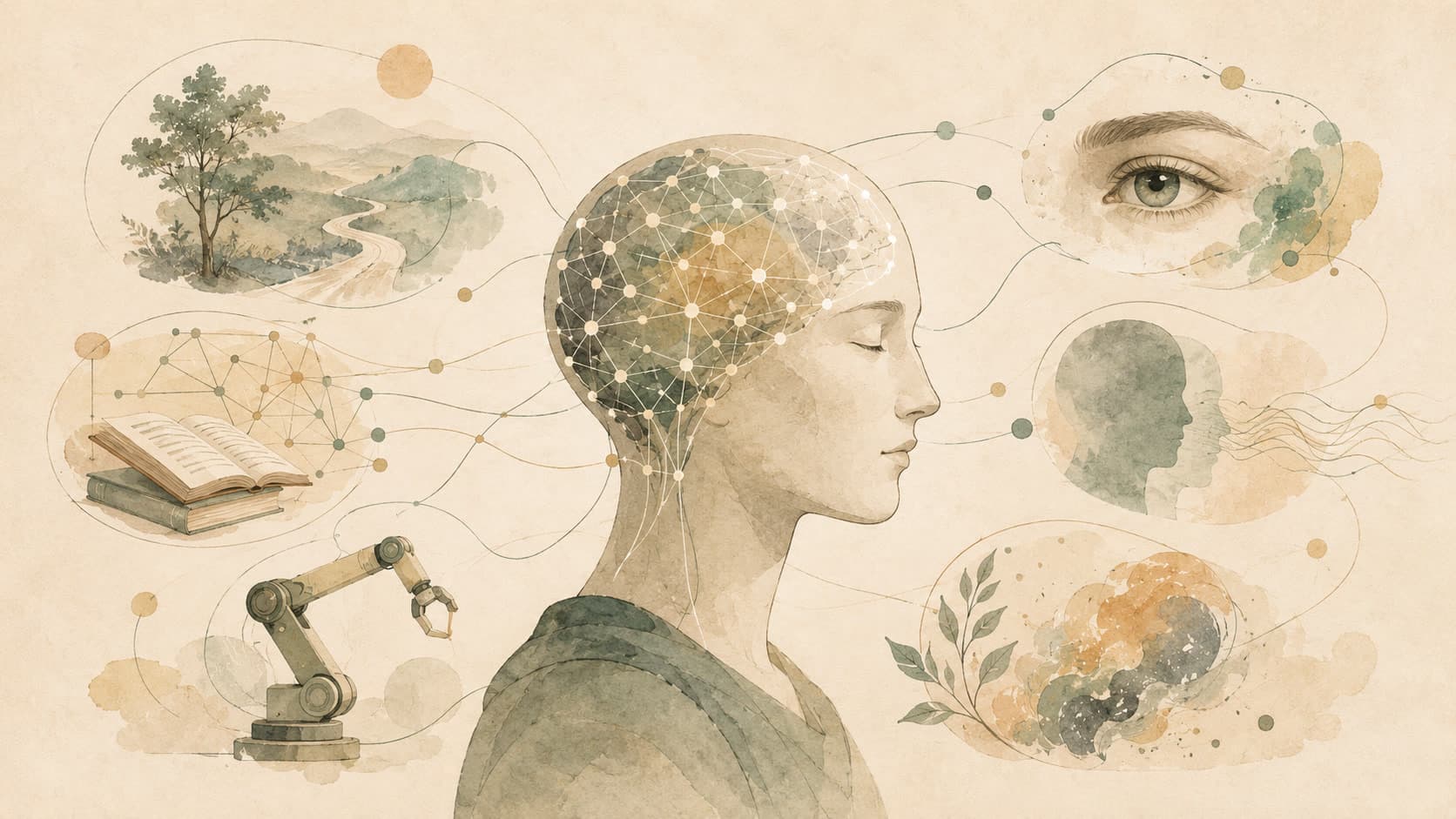 Editorial illustration representing Artificial Intelligence: The umbrella for systems that imitate cognition.