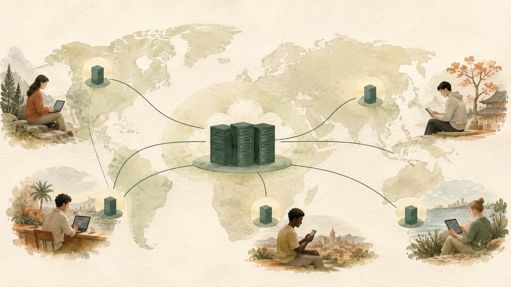 Editorial illustration representing CDN: A network of edge caches near your users.