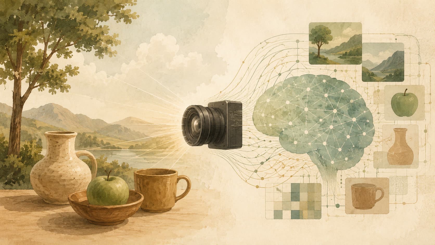 Editorial illustration representing Computer Vision: Teaching machines to see, name, and measure.