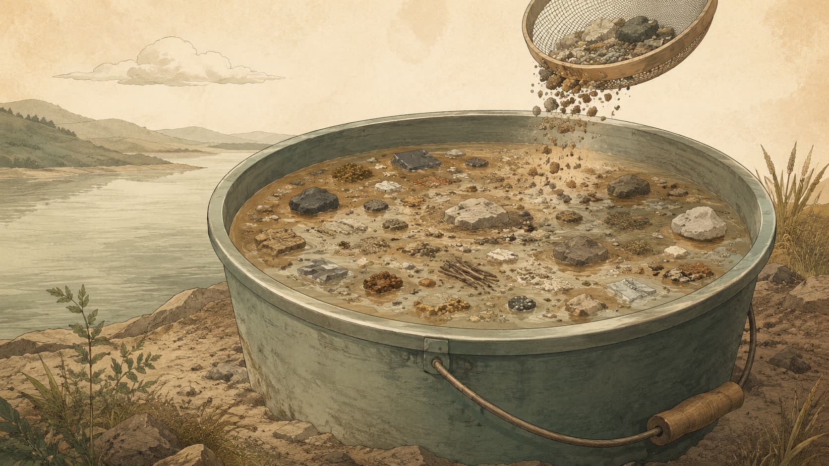 Editorial illustration representing Data Lake: A vast bucket of raw, schema-on-read storage.