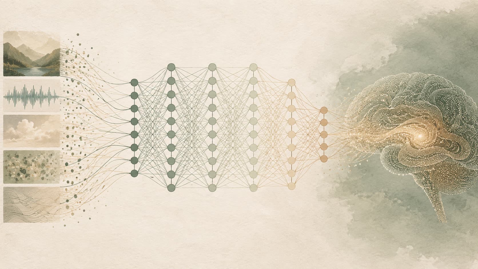 Editorial illustration representing Deep Learning: Machine learning with deep, layered neural networks.