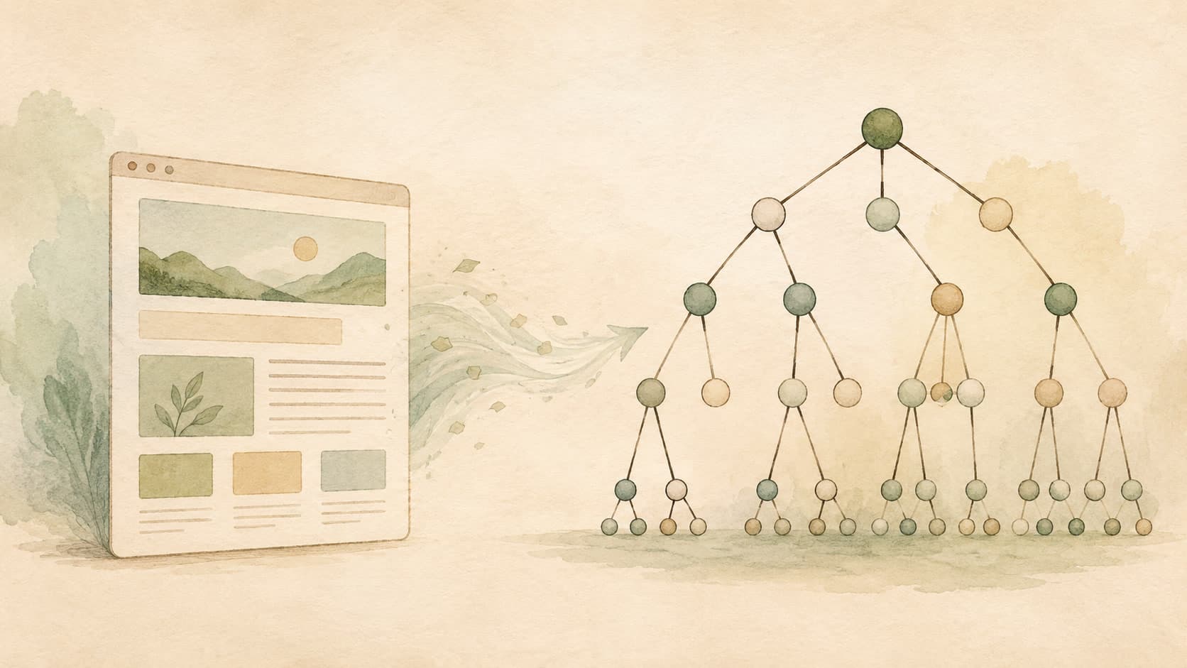 Editorial illustration representing DOM: The live, in-memory tree of a web page.