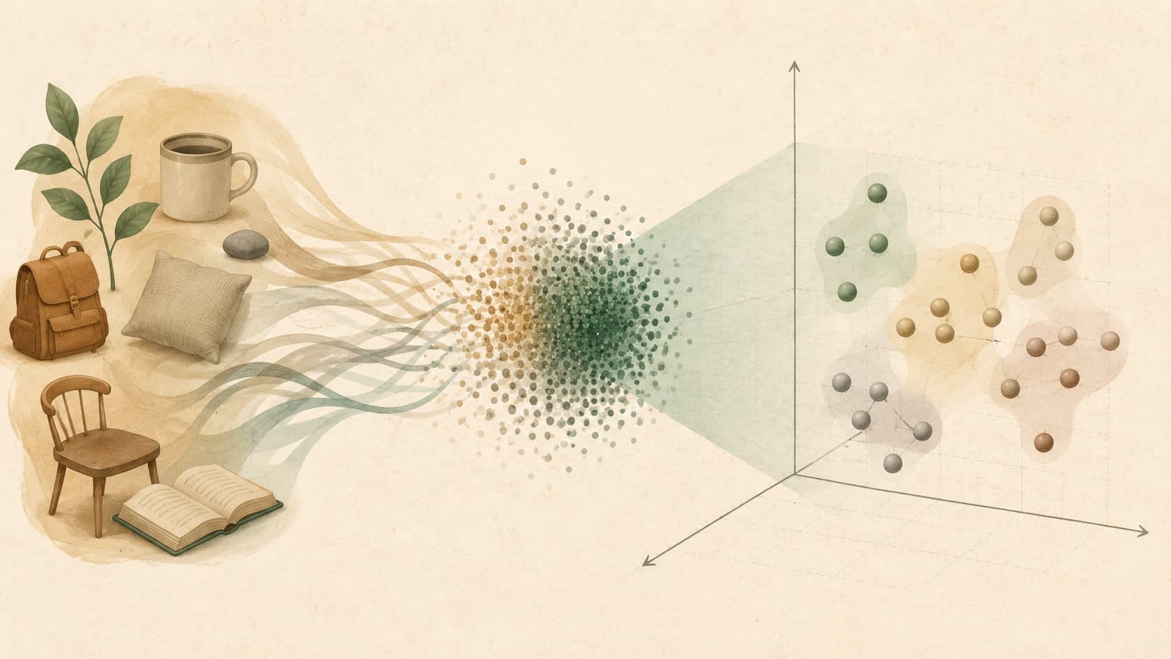 Editorial illustration representing Embedding: A dense vector that places meaning into space.