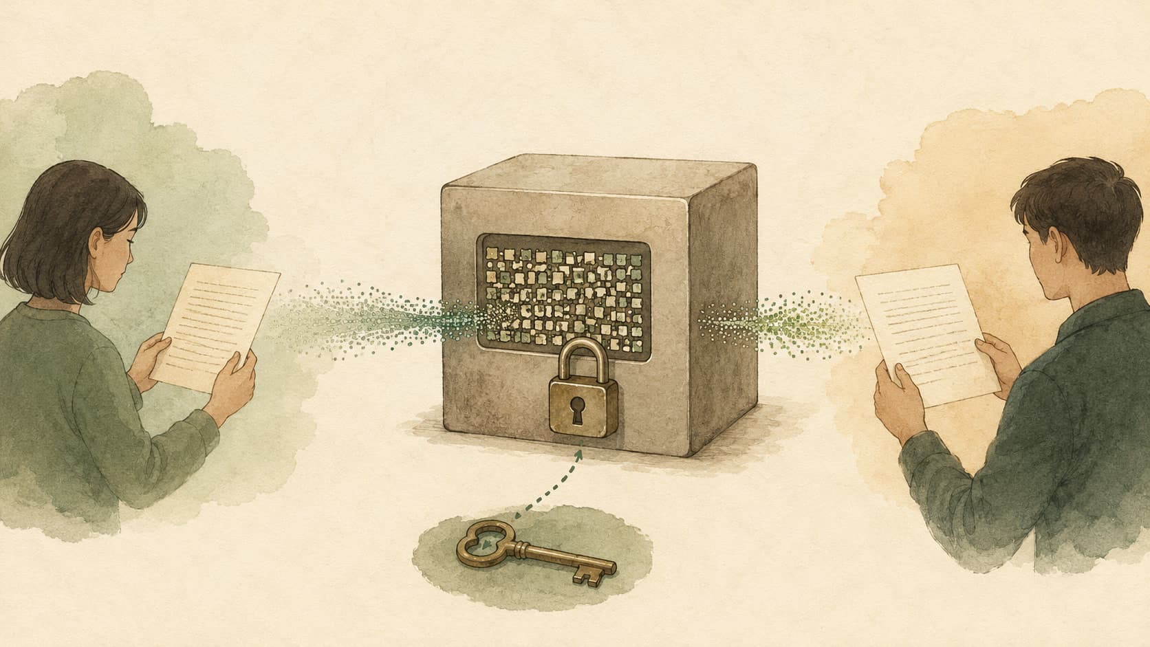 Editorial illustration representing Encryption: Making a message unreadable to anyone without the key.