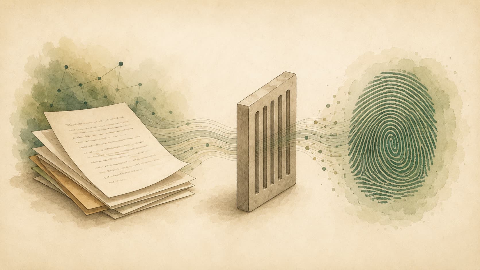 Editorial illustration representing Hashing: A one-way function from data to fingerprint.
