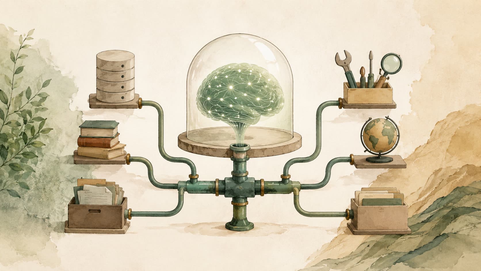 Editorial illustration representing MCP: Model Context Protocol — open plumbing for tools and data.