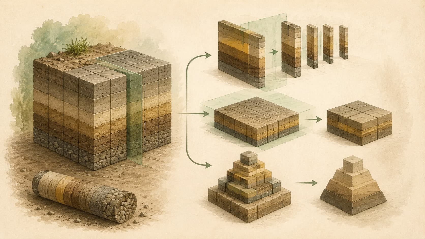Editorial illustration representing OLAP: Analytic queries: aggregate, slice, and roll up.