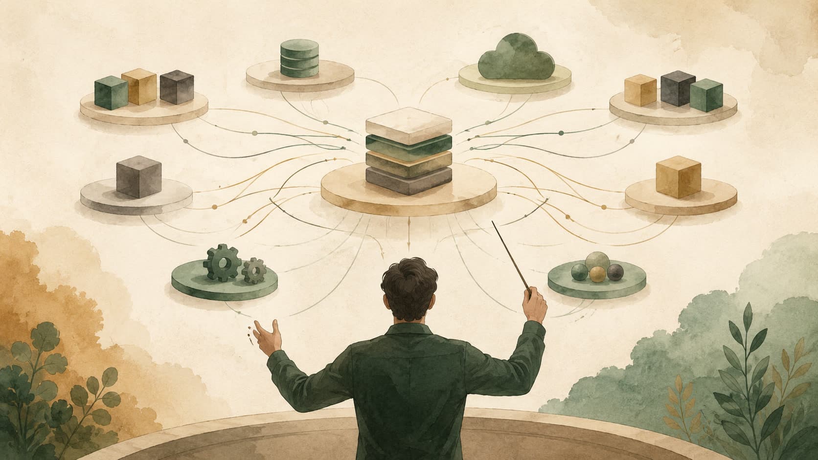 Editorial illustration representing Orchestration: Coordinating many moving parts on a schedule.