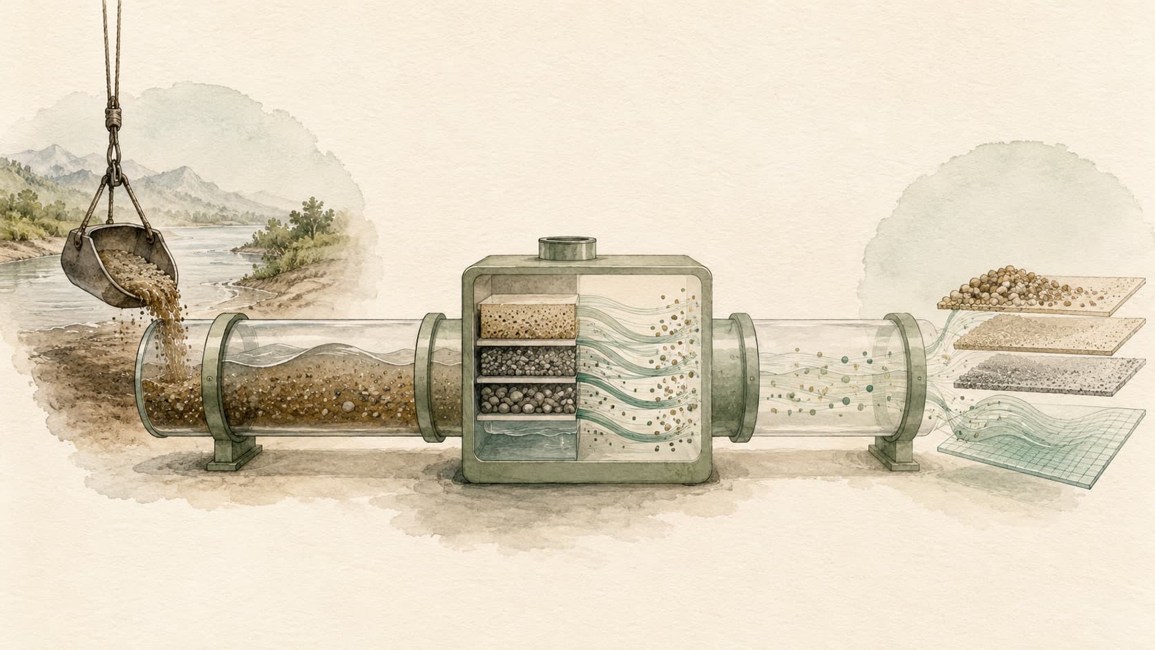 Editorial illustration representing Data Pipeline: A scheduled flow that moves and transforms data.