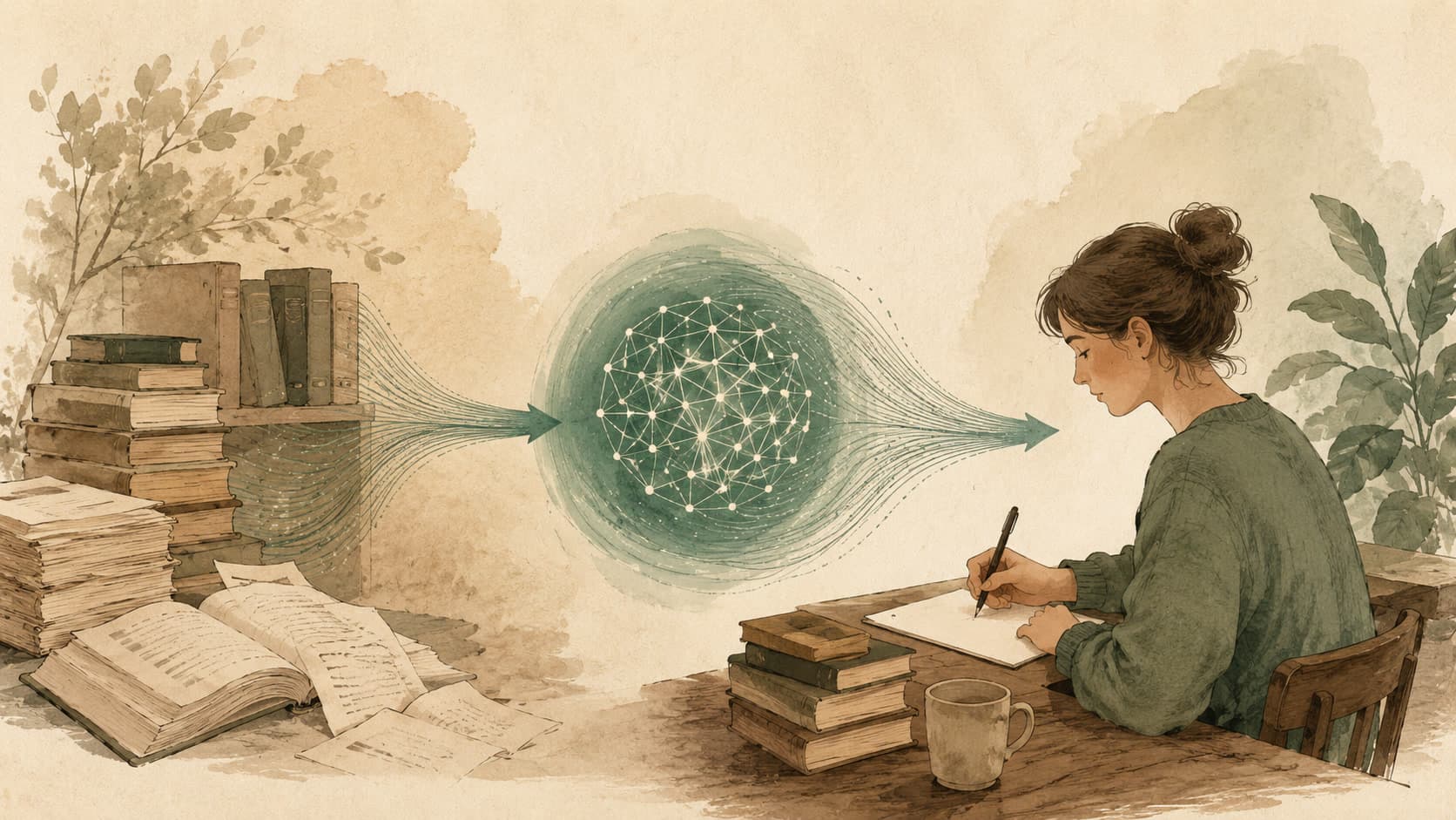 Editorial illustration representing RAG: Retrieval-Augmented Generation: read, then write.