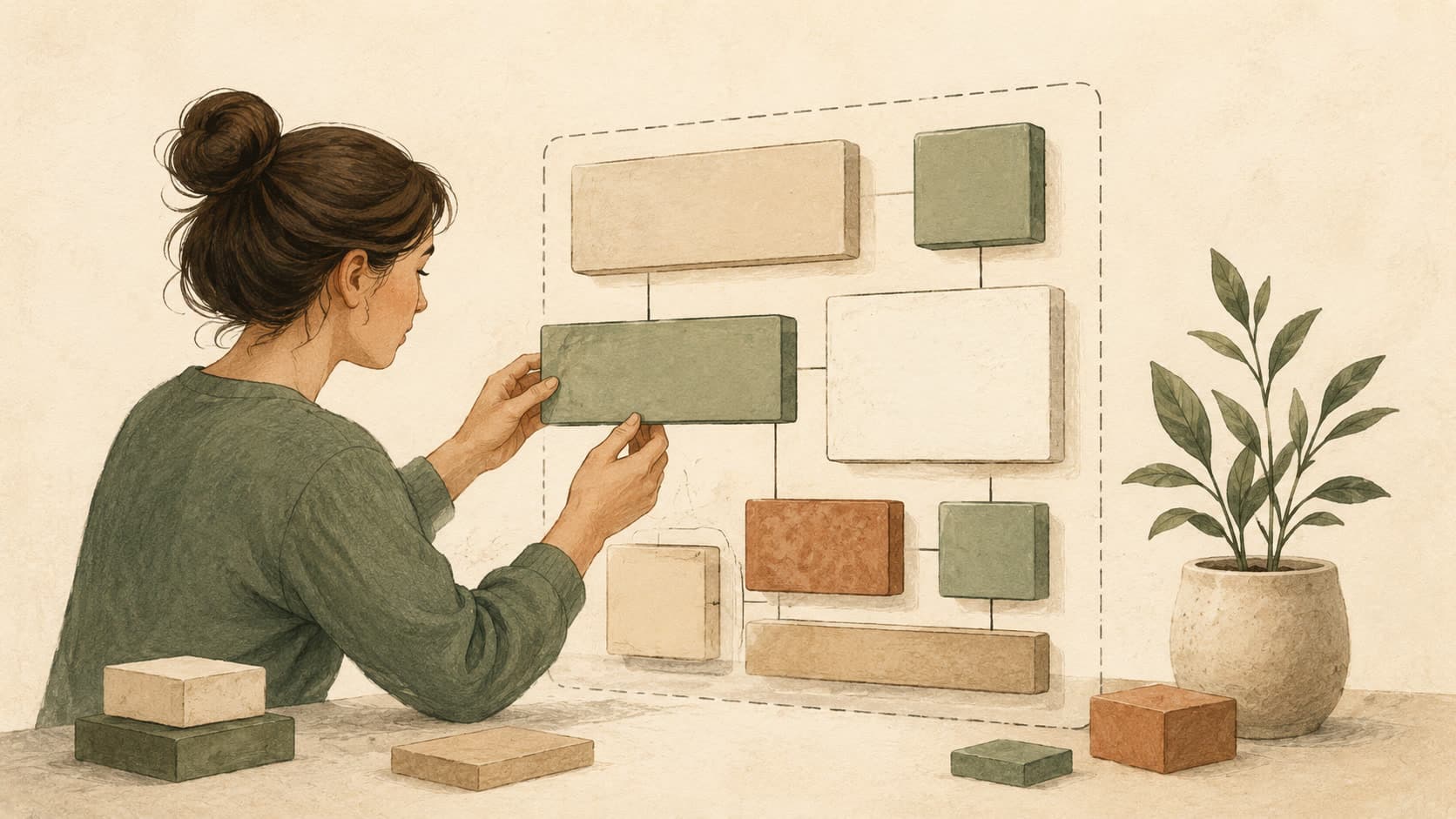 Editorial illustration representing React: A library for composing UI out of components.