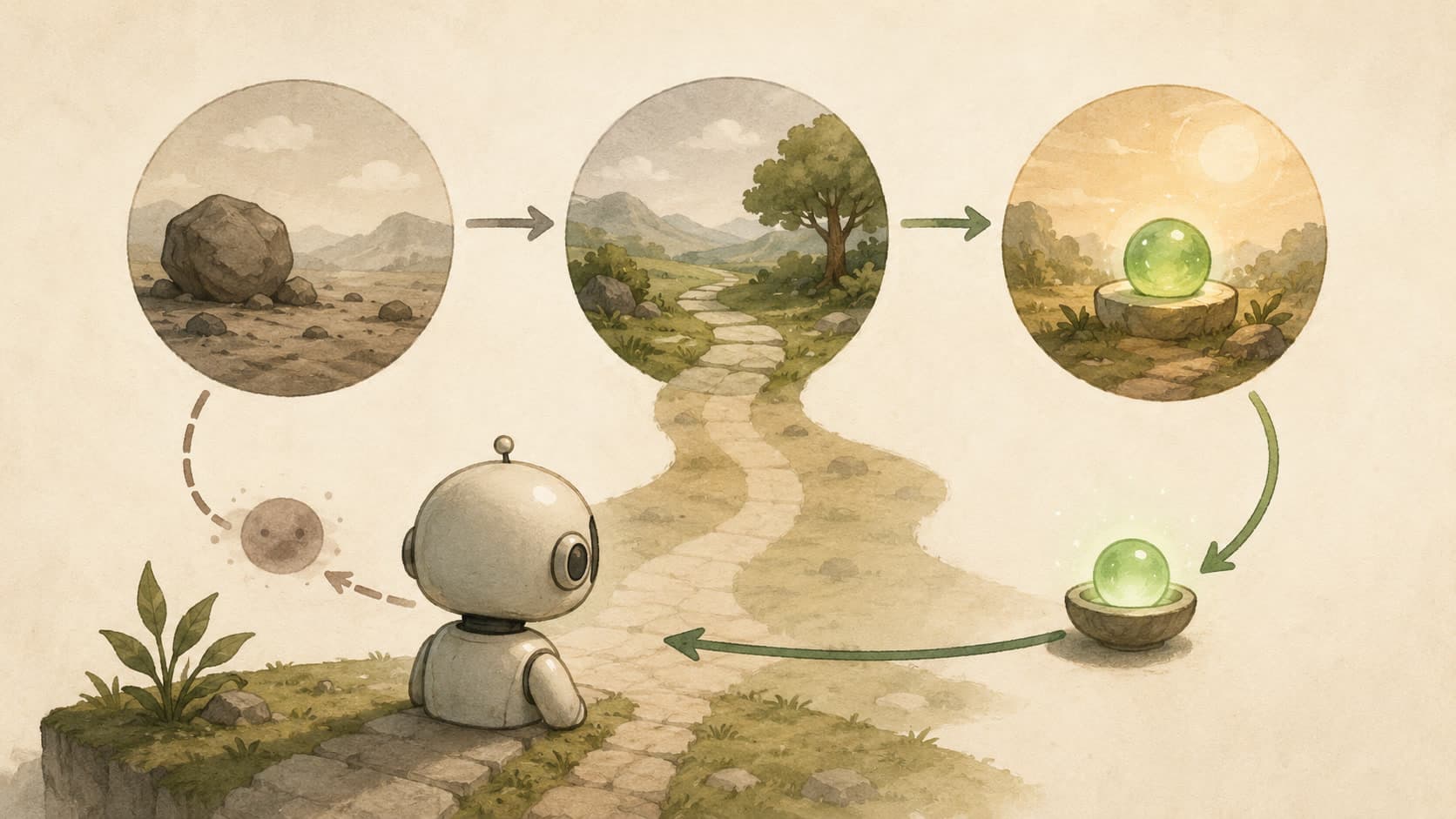 Editorial illustration representing Reinforcement Learning: Learning by reward, action, and consequence.