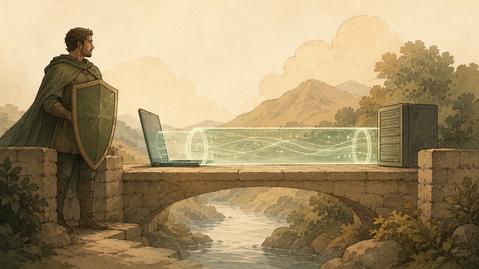Editorial illustration representing TLS: The protocol that wraps the web in encryption.