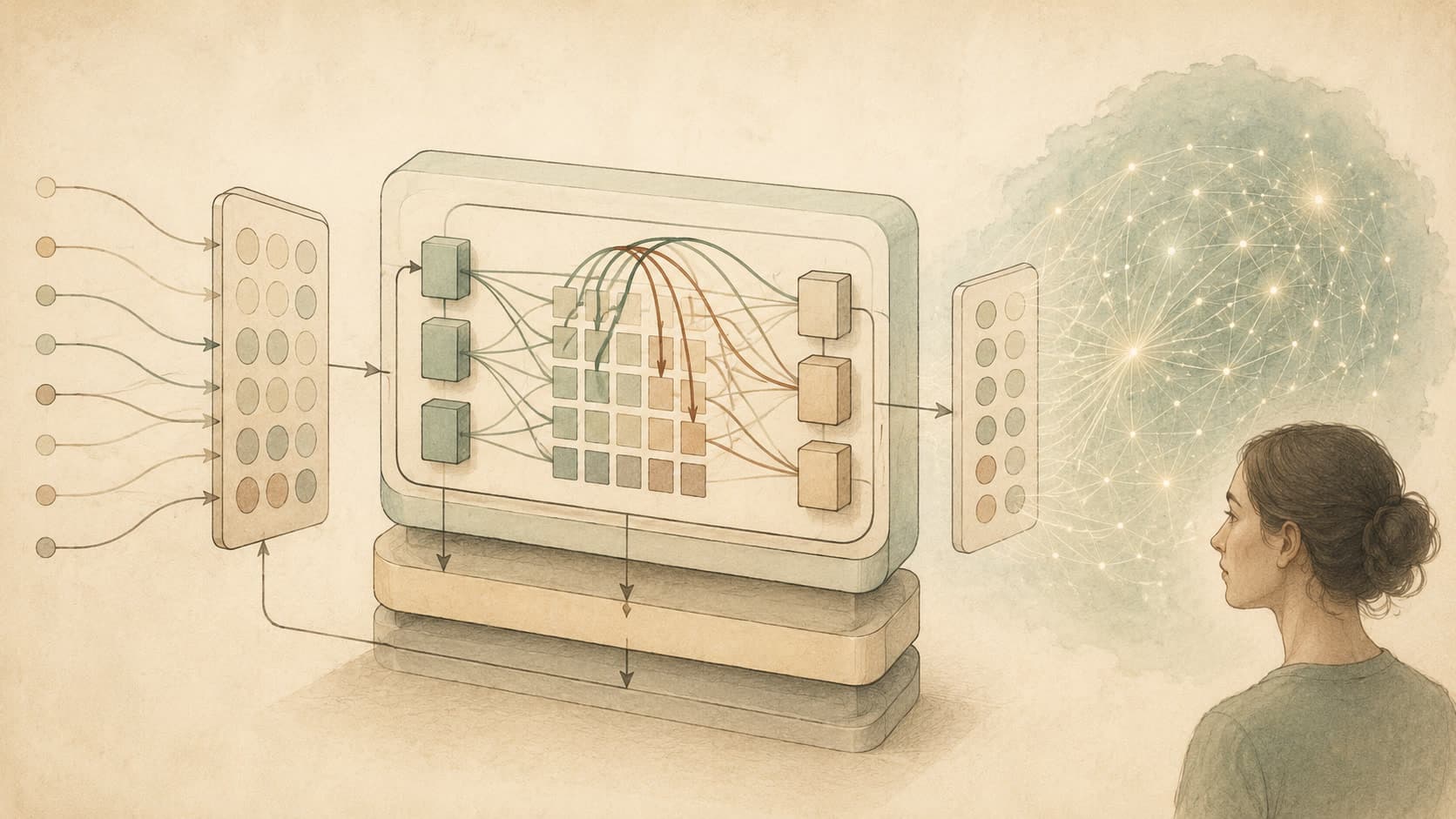 Editorial illustration representing Transformer: The attention-based architecture behind modern LLMs.