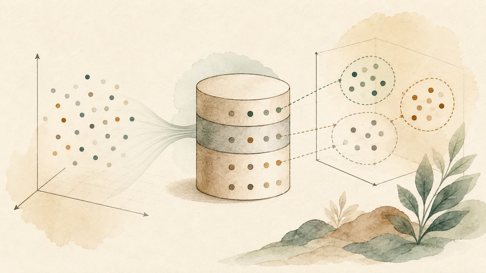 Editorial illustration representing Vector Database: A database indexed by geometric similarity.