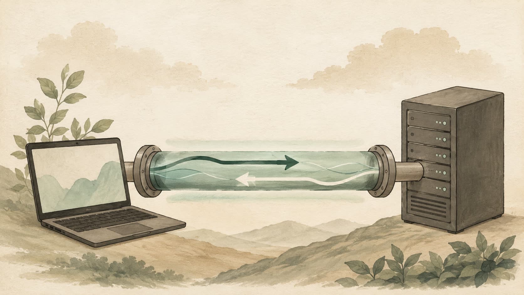 Editorial illustration representing WebSocket: A persistent two-way pipe over HTTP.
