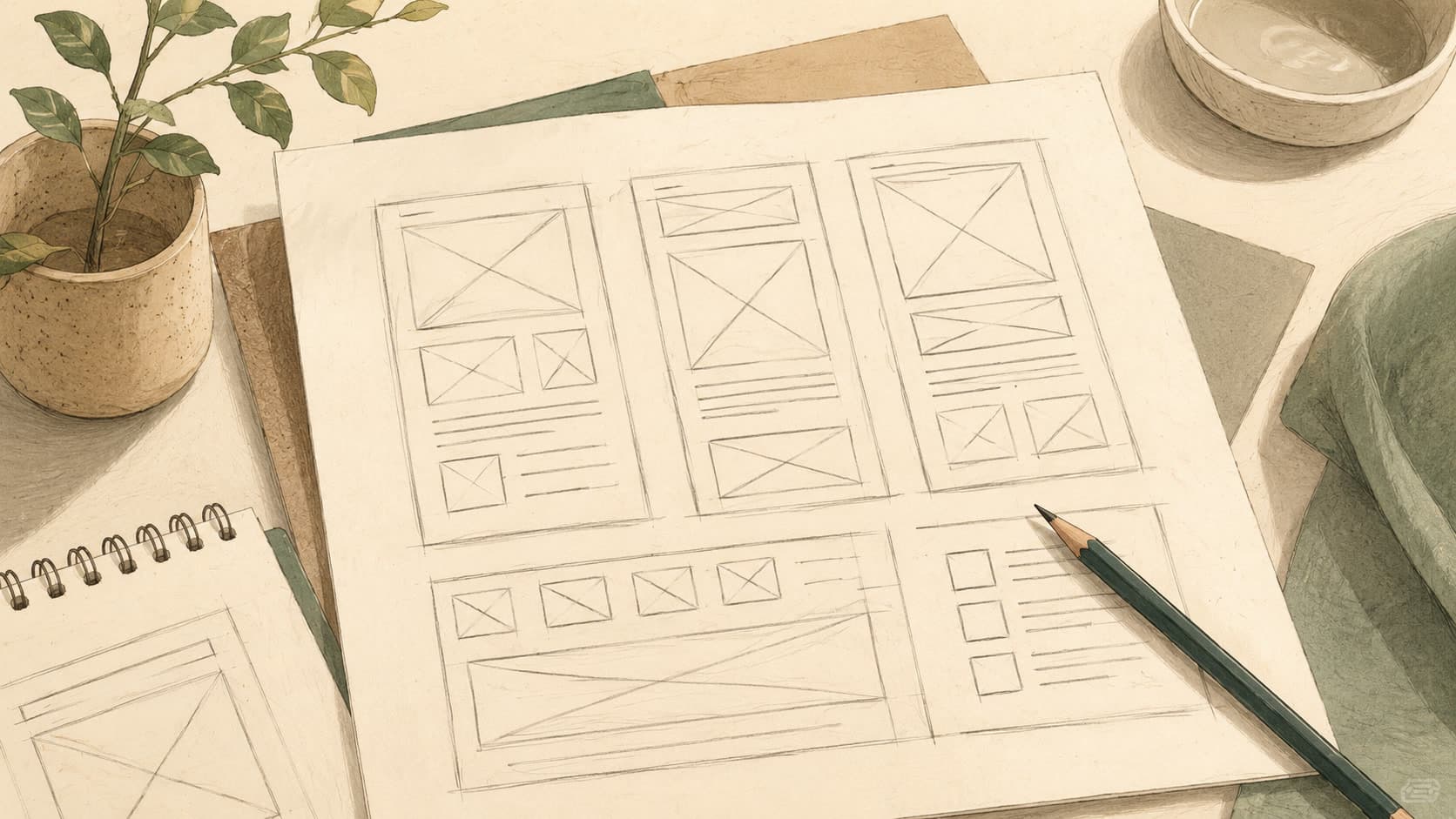 Editorial illustration representing Wireframe: A low-fidelity sketch of structure before style.
