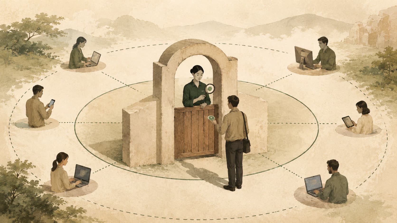Editorial illustration representing Zero Trust: Never trust the network; verify every request.